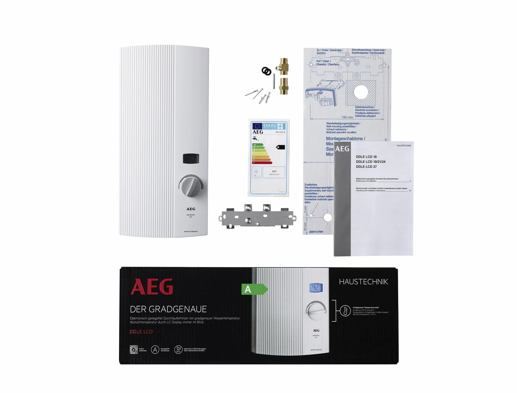 AEG elektronischer Durchlauferhitzer DDLE LCD 18/21/24 kW umschaltbar, gradgenaue Temperaturwahl, LC-Display, Festanschluss 400V, VDE geprüft, 222394