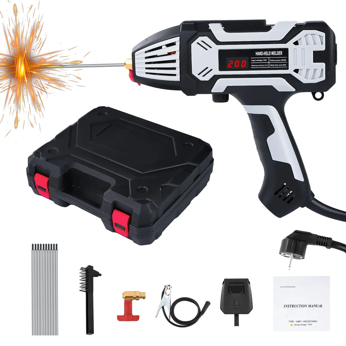 Handschweißgerät, Tragbare 220V Lichtbogenschweißgerät mit 10 Schweißstäben, 200A Elektroden Schweißgerät mit IGBT Wechselrichter, für 1,6mm bis 3,2 mm Drahtstangen