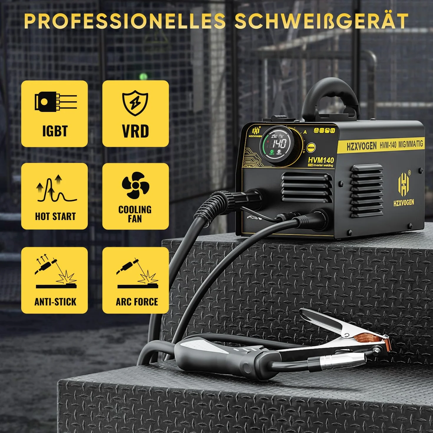 H HZXVOGEN 140A MIG-Schweißgerät, 230V Fülldraht-MIG/Lift-TIG/Elektroden-Schweißgerät 3 in 1 mit Synergic, IGBT Inverter Tragbares gasloses MIG-Schweißgerät MIG-Schweißgerät für Anfänger (HVM140)