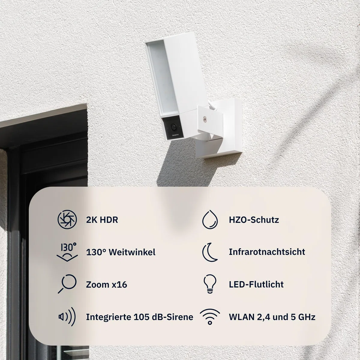 NETATMO Überwachungskamera für den Außenbereich, 2SD, WLAN 5 GHz, 2K HDR, KI-Erkennung Personen/Fahrzeuge/Tiere, LED-Flutlicht 12 W, Sirene 105 dB, lokale Speicherung, ohne Abonement, Weiße, NOC-2-AMZ