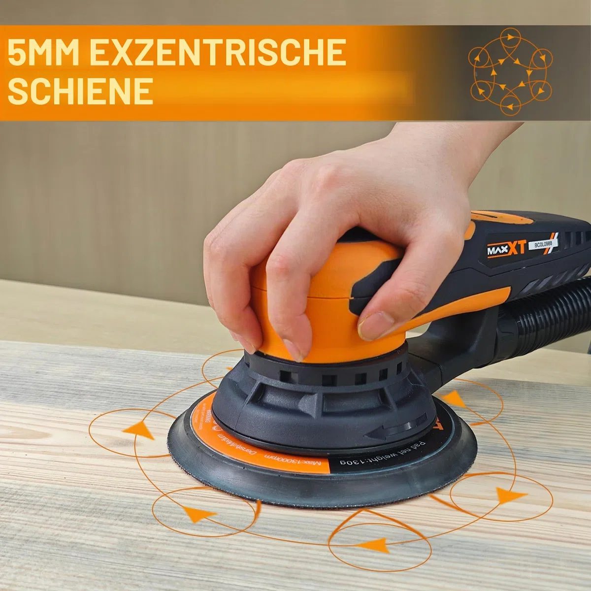 Bürstenlose MAXXT Elektroschleifer 350 W, Scheibe 150 & 125 mm, Exenterschleifmaschine 5.0 mit Dreikernanschluss, 4000-10000 U/min (6 einstellbare), Automatische Bremse-2s, 20 Schleifpapiere