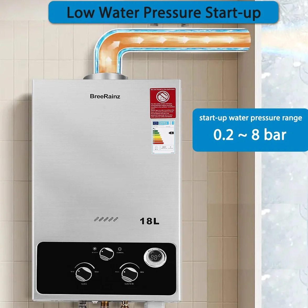 BreeRainz 18LPM Gasdurchlauferhitzer, 36KW LPG Propan Butan Warmwasserbereiter Durchlauferhitzer, Warmwasserspeicher für Zuhause Wohnmobile