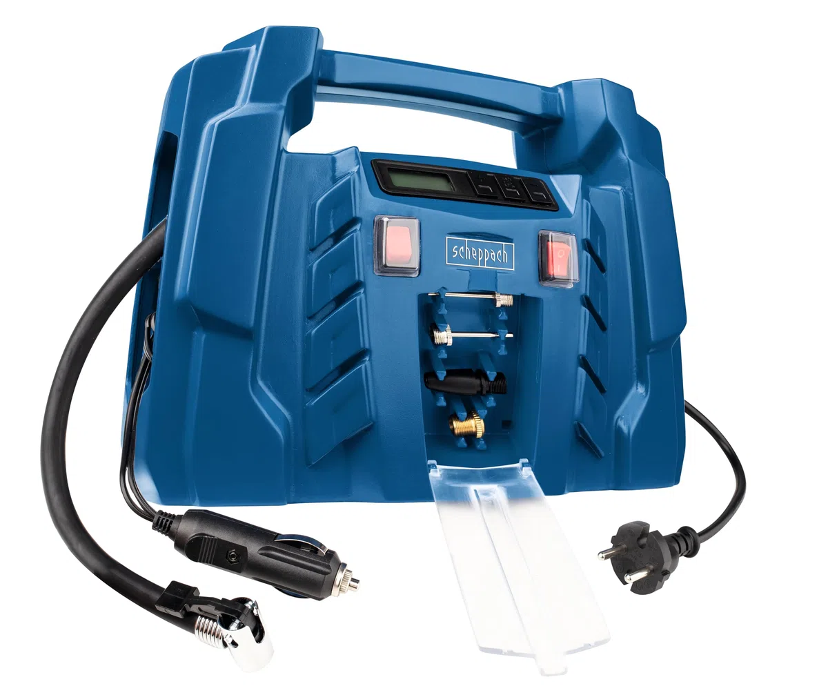 Scheppach Kompressor Airforce 5 mit digitaler Anzeige | 12V / 230V Anschluss für KFZ/Auto | tragbarer Kofferkompressor | 8bar Arbeitsdruck | 150W | Ansaugleistung 36,5 l/min | inkl. Zubehör