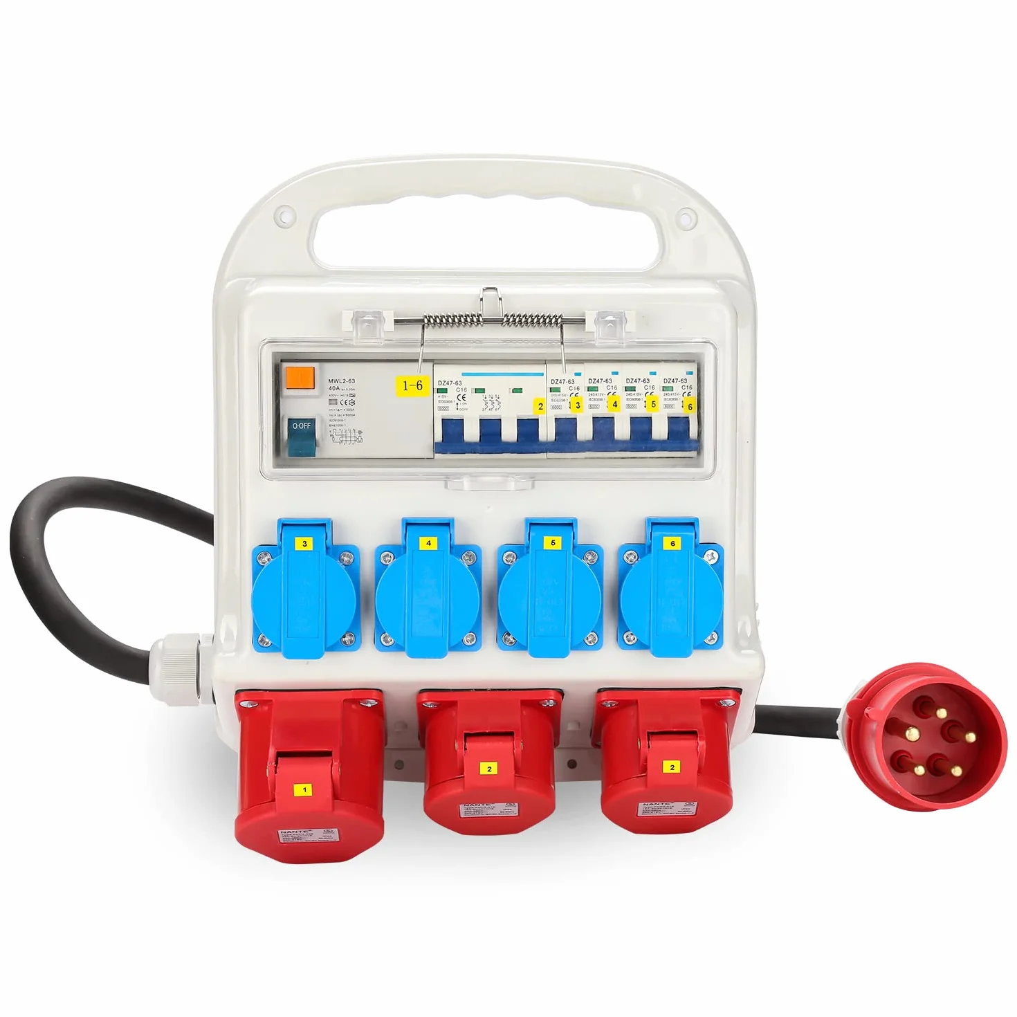 Baustromverteiler 2xCEE 400V/16A 5-polig, 1xCEE 400V/32A 5-polig, 4x230V(Schuko) 2-polig, Wandverteiler Für Baustelle, IP44 wasserdicht, mit FI-Schutzschalter
