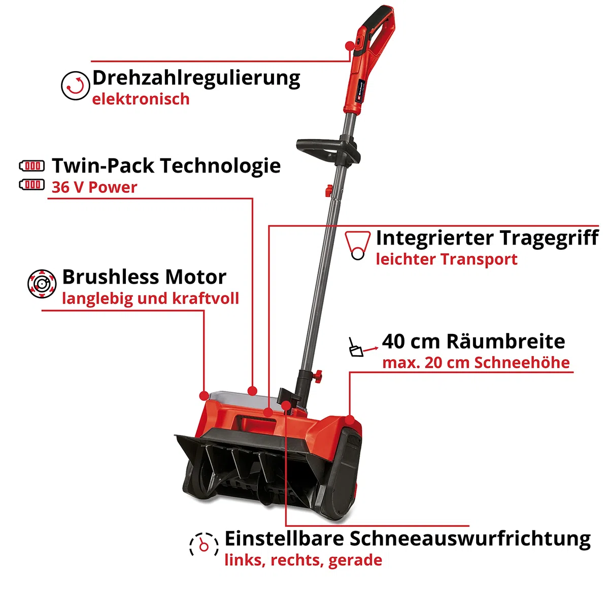 Einhell Akku-Schneefräse GE-ST 36/40 Li E Power X-Change (Li-Ion, 36 V, Arbeitsbreite 40 cm, max. Schneehöhe 20 cm, inkl. Akku und Ladegerät)
