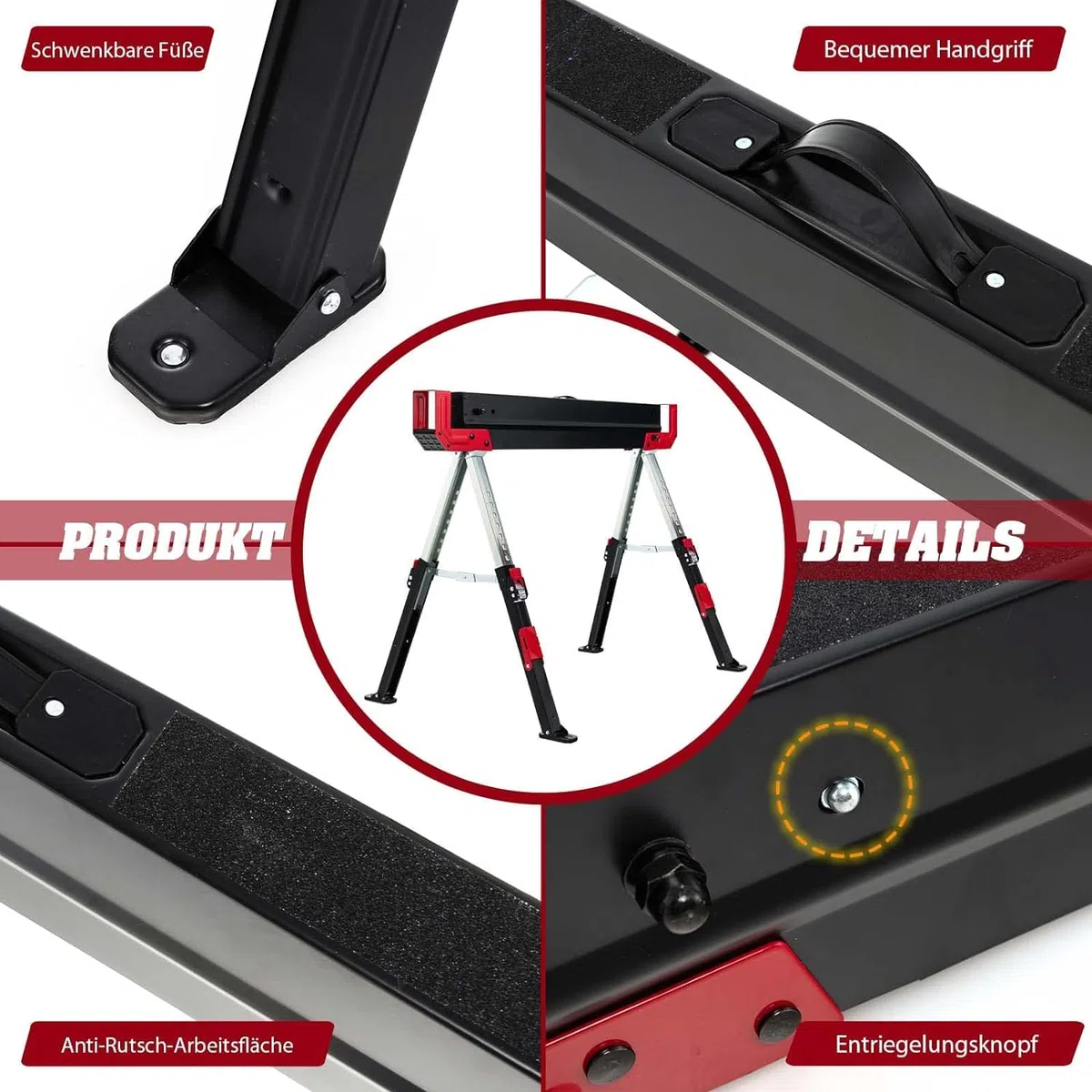 FANTASK 2er-Set Arbeitsbock höhenverstellbar bis 1180 kg belastbar mit Griff, Klappbarer Sägebock Rutschfeste PVC-Oberseite, Rot+Schwarz Tragbarer Unterstellbock