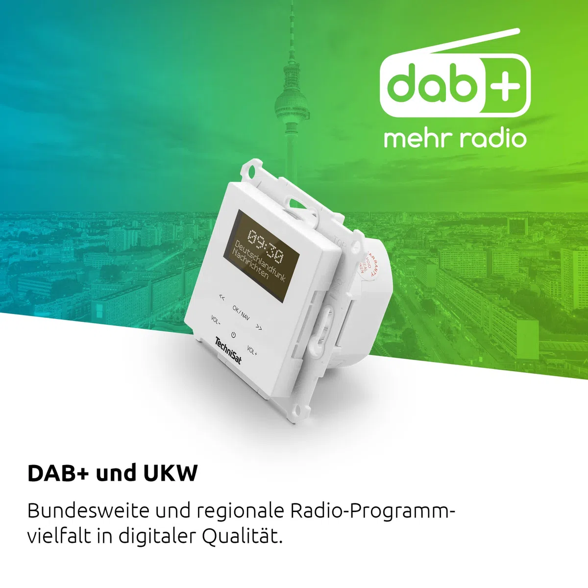 TechniSat DIGITRADIO UP 55 - DAB+ Unterputzradio für die Flexible Montage (DAB, UKW, Bluetooth-Empfang, dimmbares OLED-Display, Weck- und Sleeptimer, 2 Watt, Made in Germany) Frontcover RAL 9016, weiß