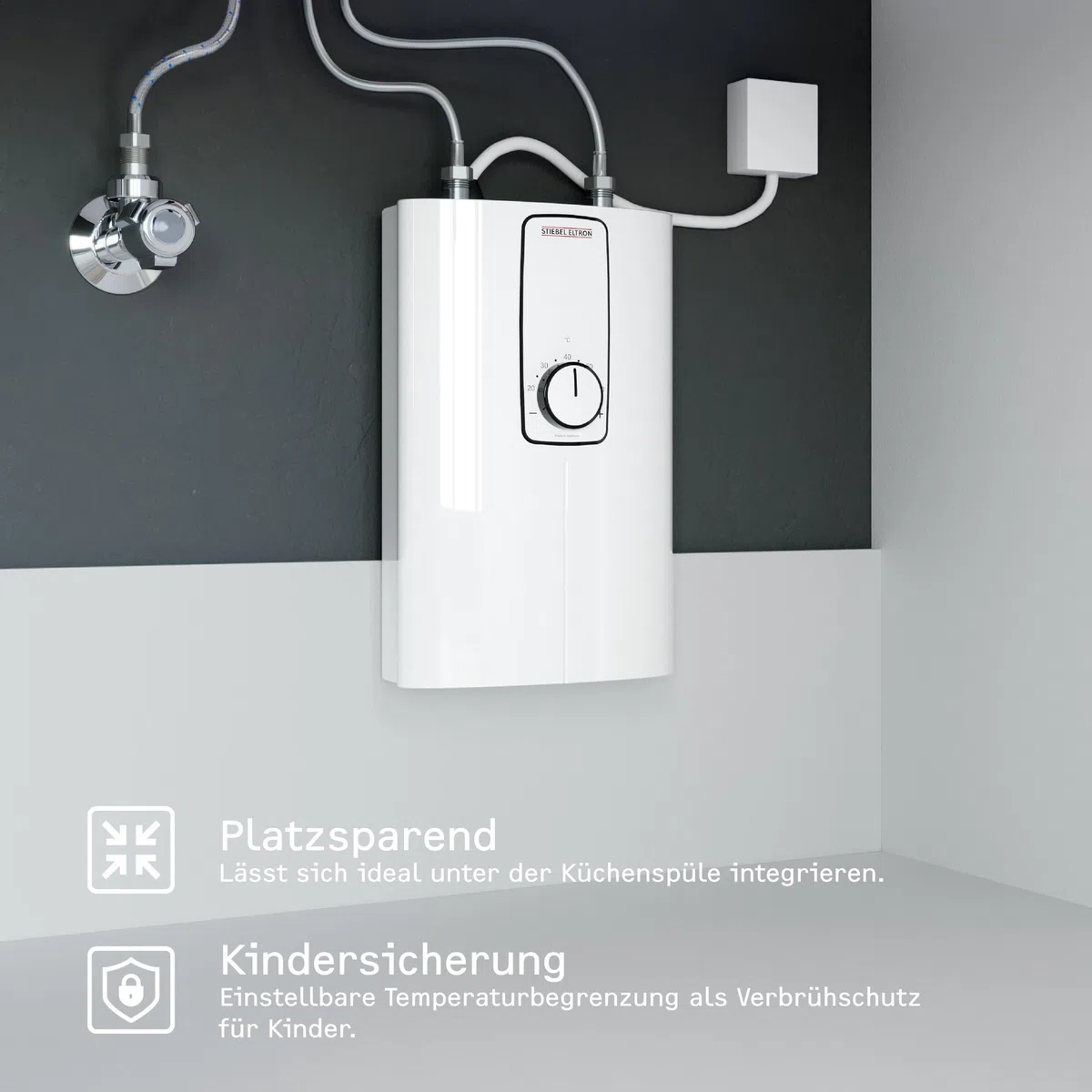 STIEBEL ELTRON elektronischer Kompakt Durchlauferhitzer DCE 11/13 kW für die Küche, Made in Germany, Festanschluss 400 V, solargeeignet, Untertischmontage, VDE geprüft, 230770