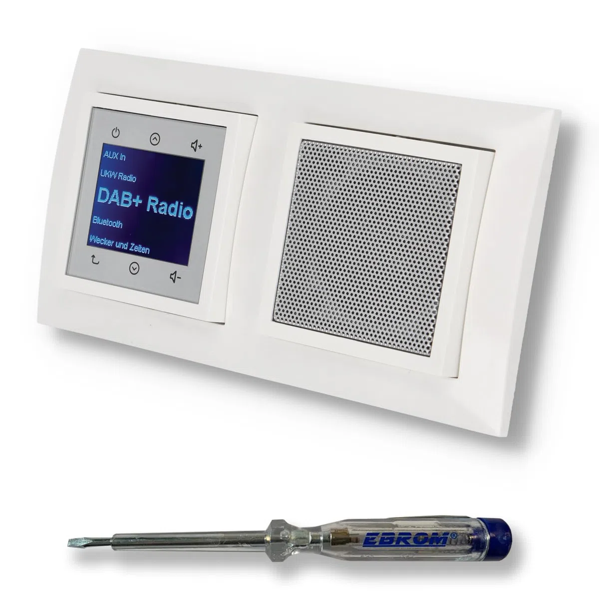 BERKER Unterputz DAB+ und Bluetooth Radio 30848989 mit Lautsprecher polarweiß glänzend mit 2fach Rahmen Berker 10128989 inkl. EBROM Phasenprüfer zur Montage der Geräte
