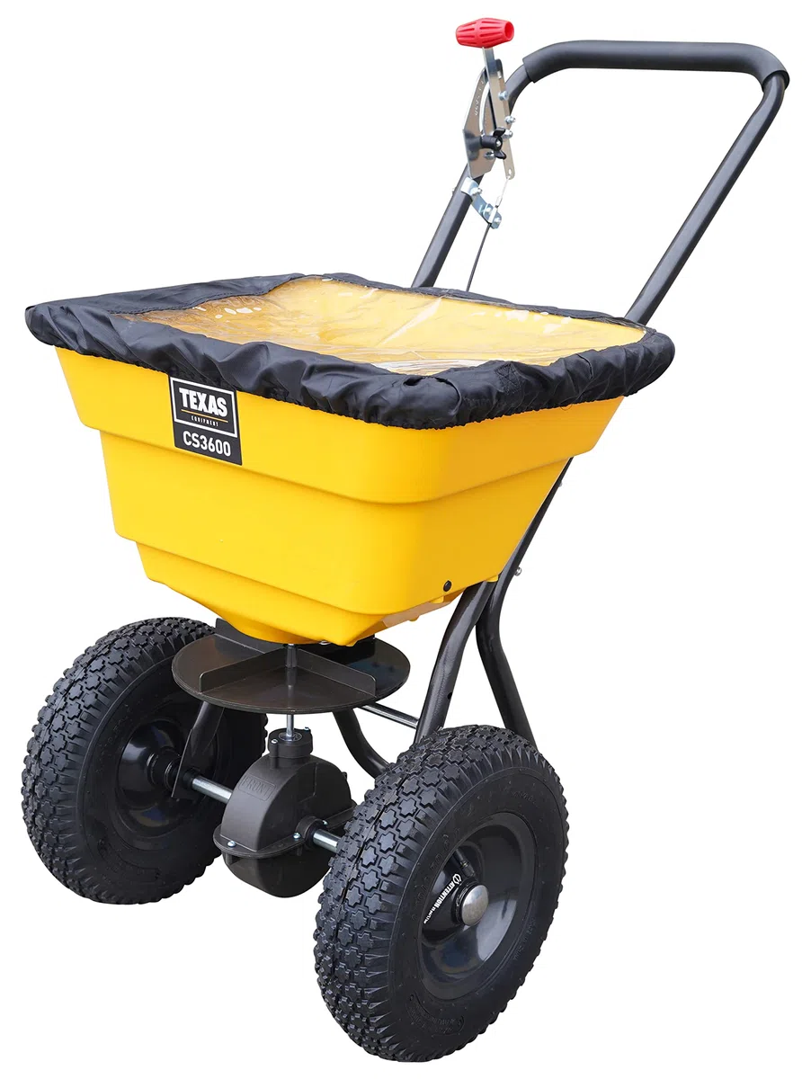 Texas Profi Streuwagen CS 3600 Rasendünger Salz Winter Düngerstreuer Rasen Saatgut | 36 Liter | 2m Streubreite | leichtläufige Lufträder | verstellbare Dosierung | schwarz-gelb | sehr robust