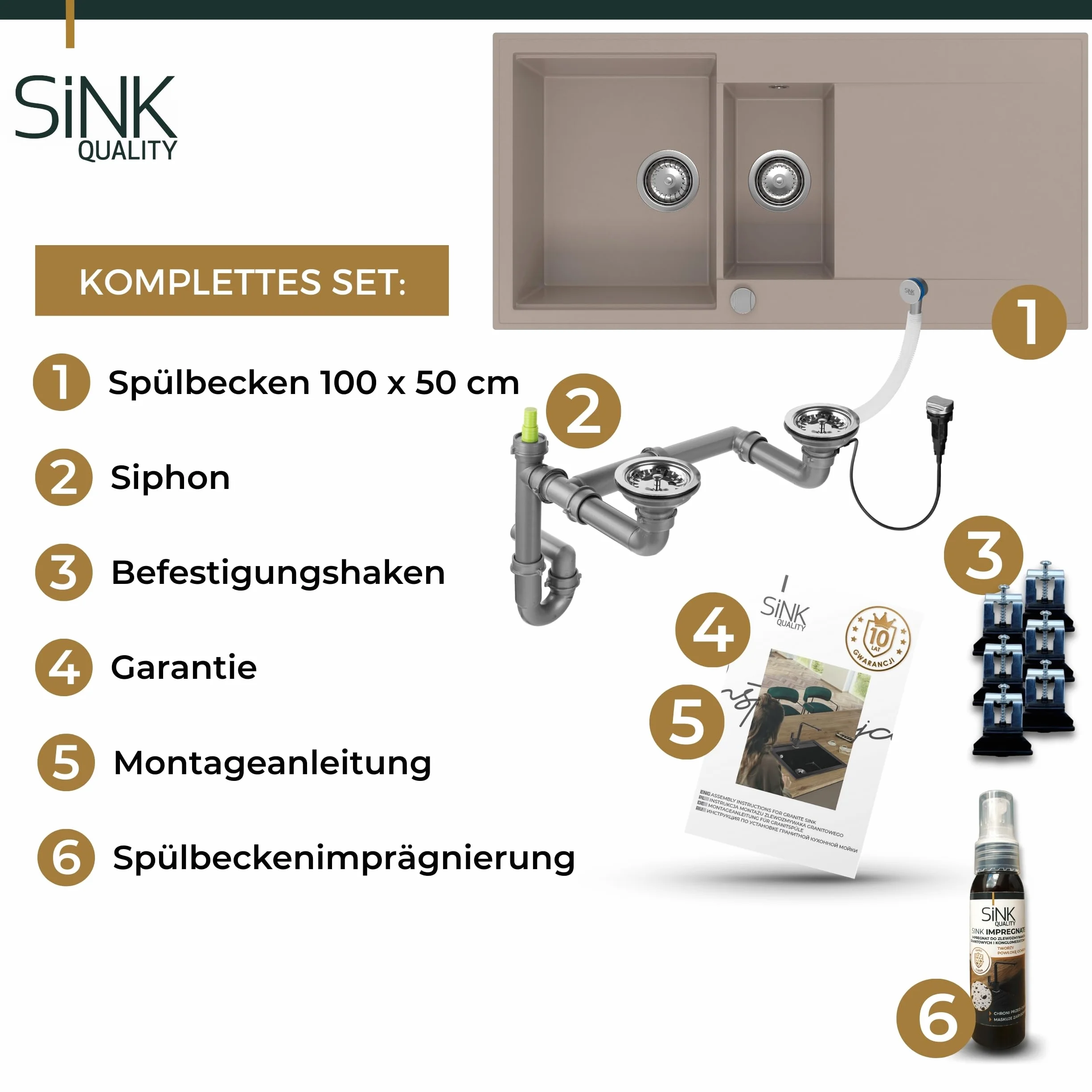 SINK QUALITY Spülbecken beige 100x50 cm, Granitspüle 1,5 Becken, Spüle mit Siphon und Imprägniermittel, Küchenspüle ab 60er Unterschrank