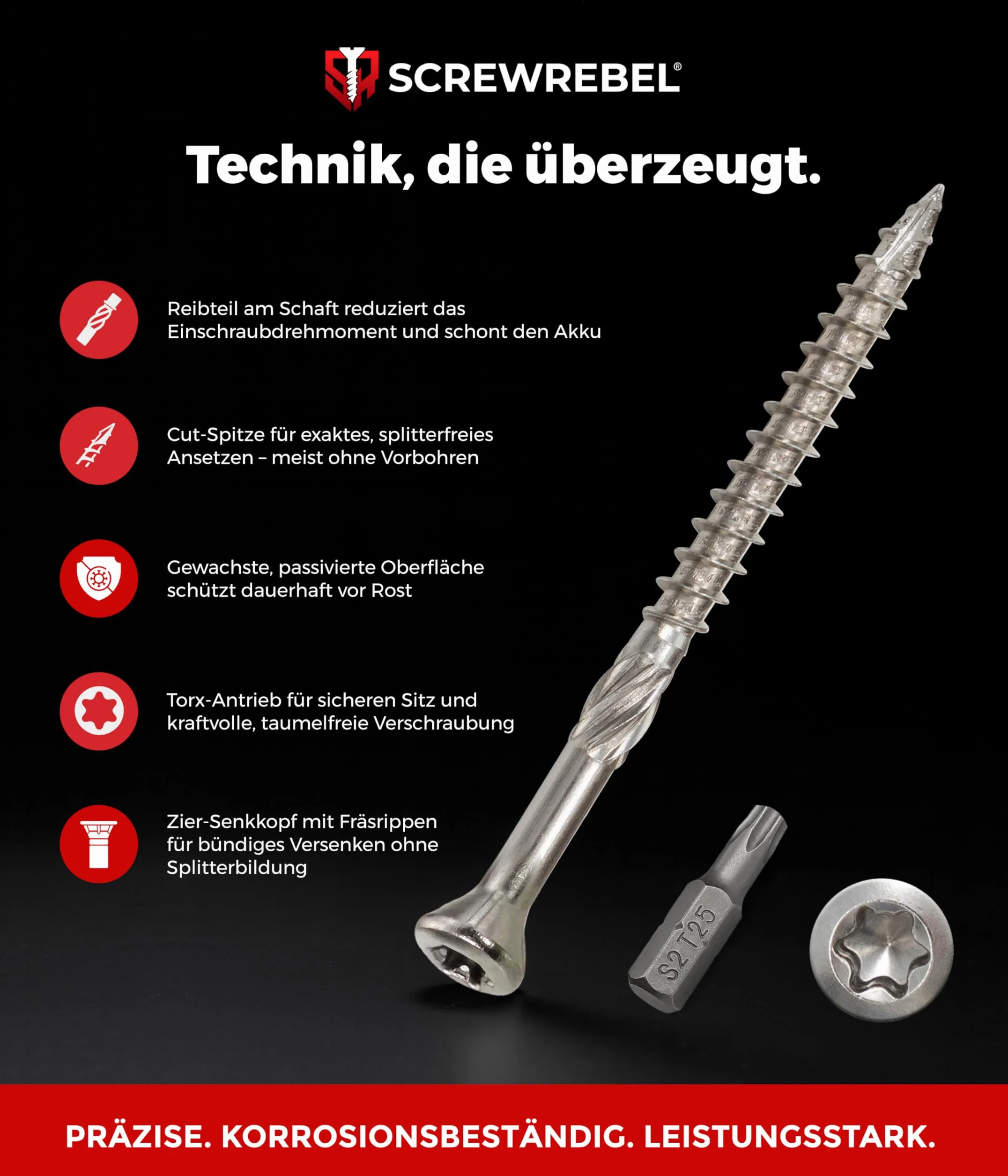 SCREW REBEL Terrassenschraube ST-FIX Edelstahl C1 5,0 x 60mm - 500 Stück inklusive S2-Bit, TX 25, Zier-Senkkopf, Schaftfräser, Sägezahn Gewindeschliff, Cutspitze, Dielenschraube gewachst
