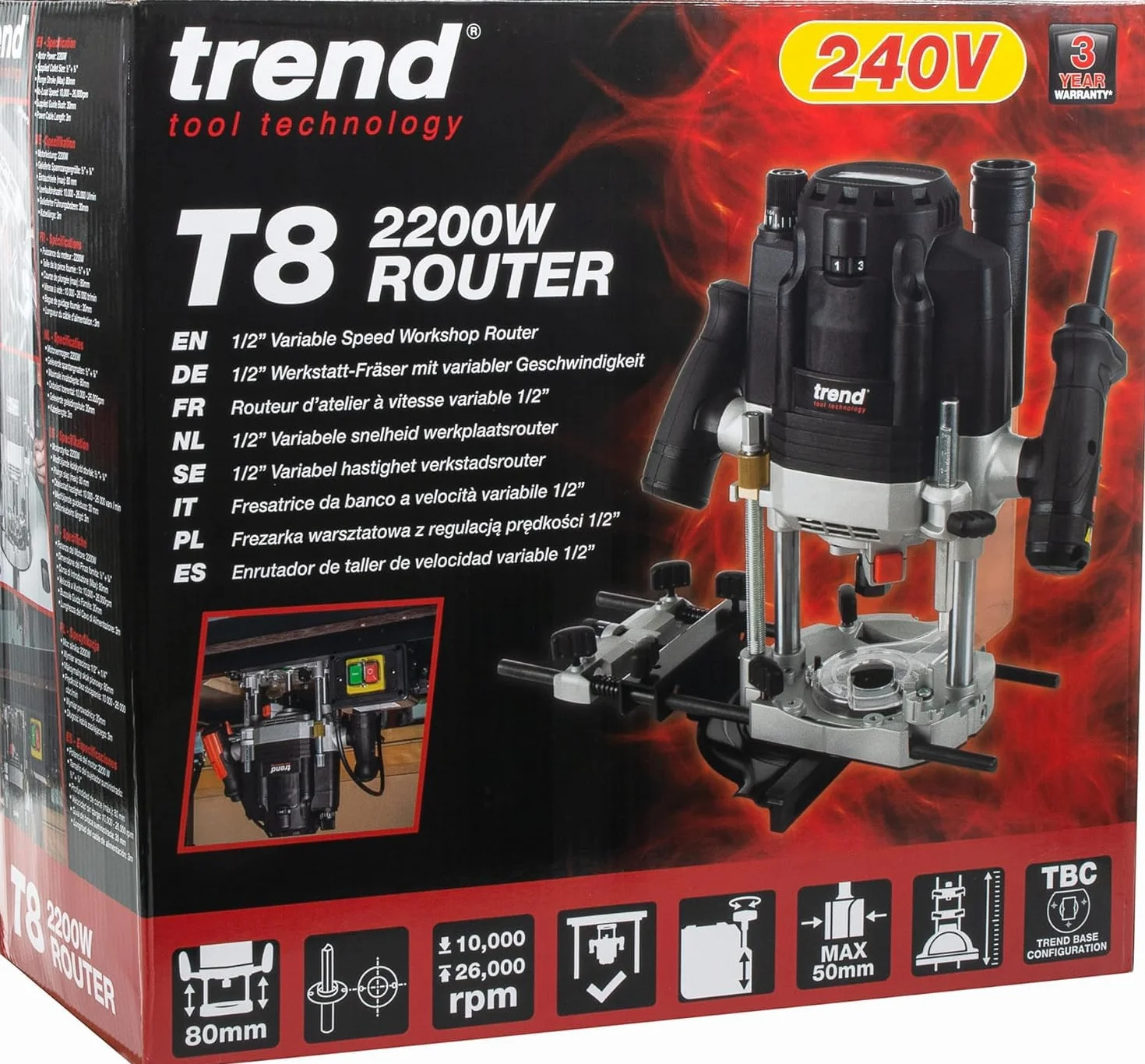 Trend T8 12mm Dual-Mode Oberfräse für die Werkstatt, Entwickelt für den Einsatz per Hand und am Frästisch, 2200 W, 230V, Schwarz, T8EK/EURO