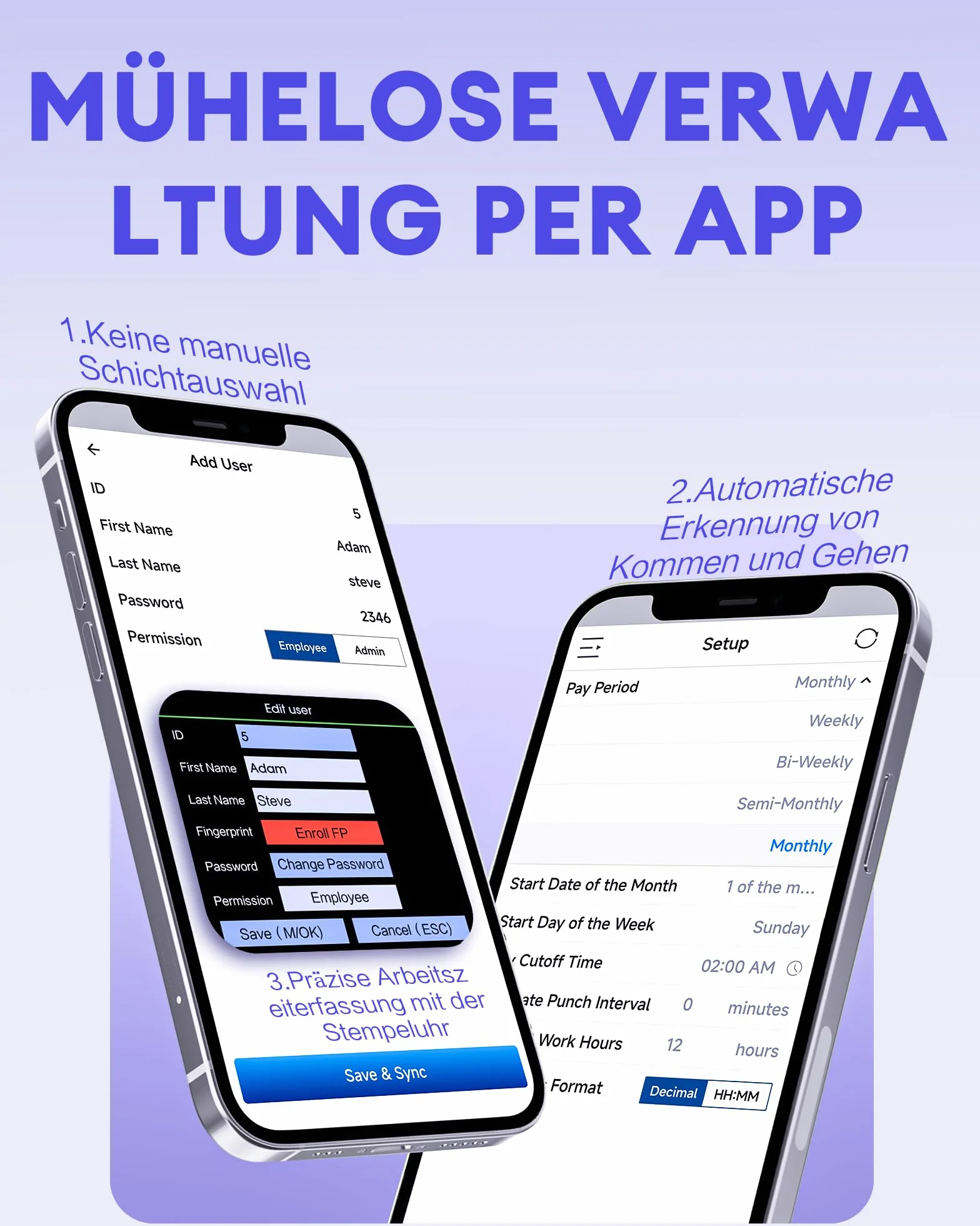 NGTeco Fingerabdruck-Zeiterfassung für Kleinbetriebe, automatische Berechnung der Arbeitsstunden, Mit kostenloser APP Zeiterfassungssystem W2 Deutsch