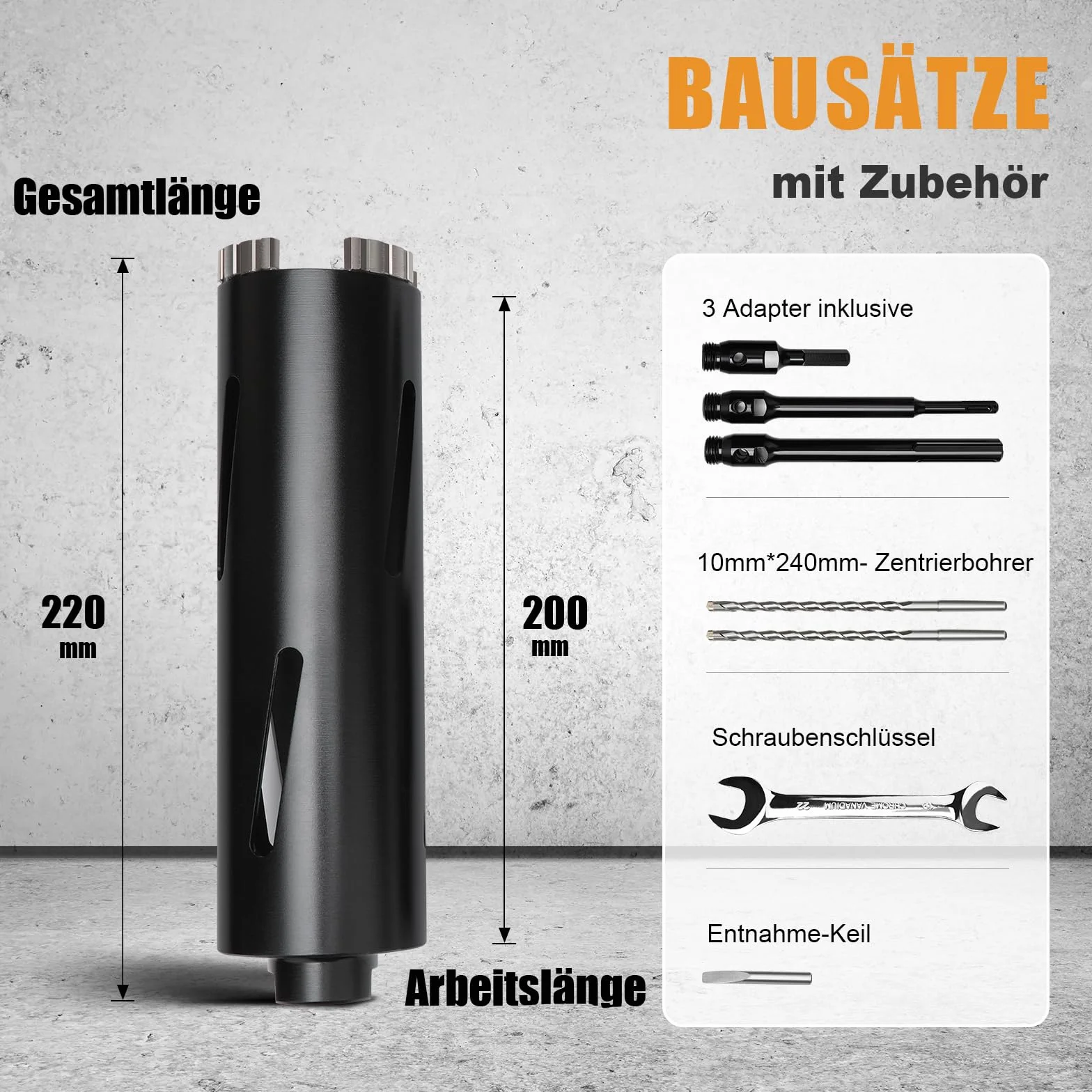 Bohrkrone 50mm Nutzlänge 200mm SDS Plus Schaft 220mm SDS max 220mm Sechskantschaft 110mm Zentrierbohrer 10x240mm für Mauerwerk