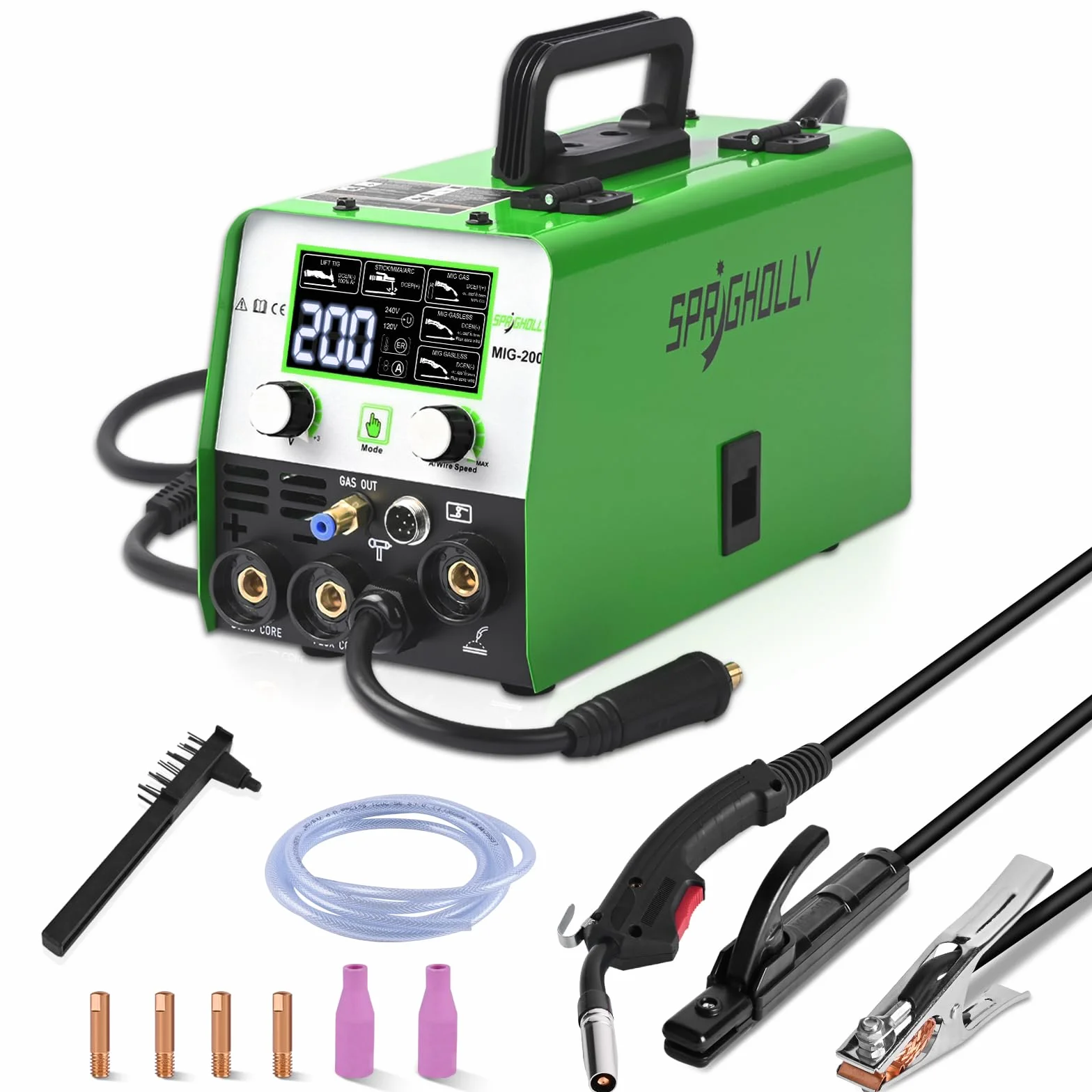 200A 240V 5-in-1 Schweißgerät: MIG/MAG, Fülldraht ohne Gas, MMA, Lift TIG – kompatibel mit Spool-Gun, synergische Steuerung, IGBT-Inverter, LED-Display – für Profis und Heimwerker