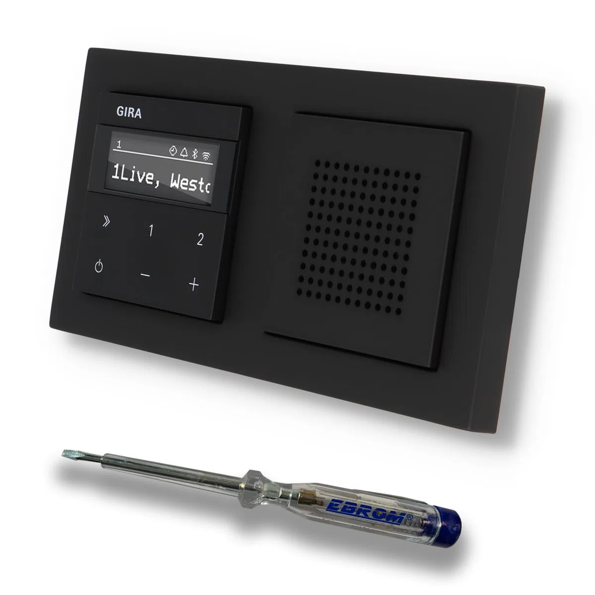 Gira Unterputz IP Internetradio 232003 + Bluetooth Komplett-Set mit Lautsprecher - E2 schwarz matt mit 2fach Rahmen Gira 021209 inkl. EBROM Phasenprüfer zur Montage der Geräte