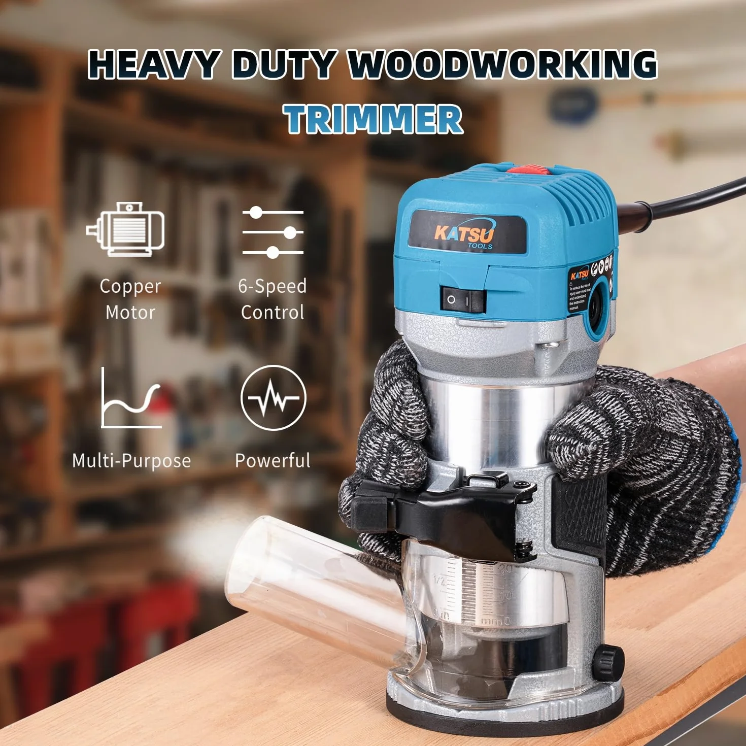 KATSU Tools Elektrohobel/Trimmer Holz 710 W – Soft-Start, Eintauchbasis, Aluminiumgehäuse, 3 Spannzangen (1/4″, 6 mm, 8 mm) Heimwerken