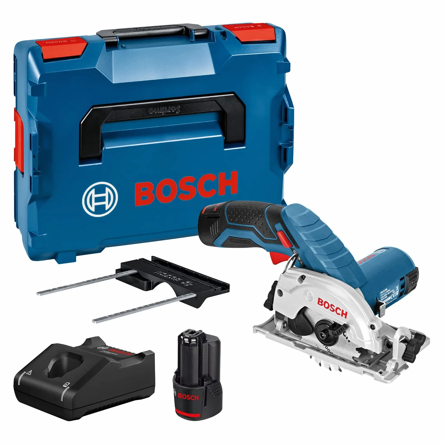 Bosch Professional 12V System Akku Kreissäge GKS 12V-26 (Sägeblatt-Ø: 85mm, inkl. 2x 3.0Ah Akku, Schnellladegerät GAL 12V-40, Einlage, L-BOXX)