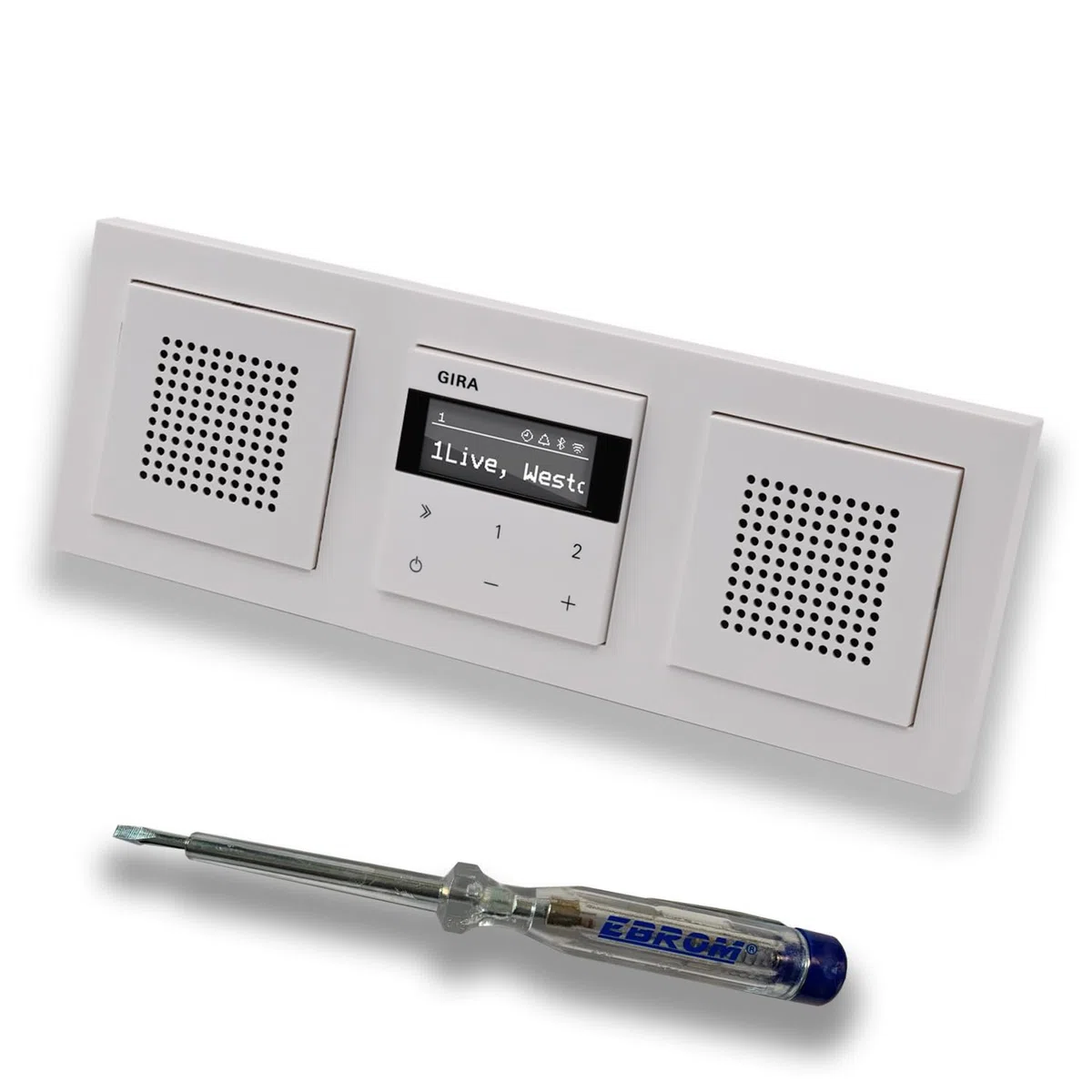Gira Unterputz IP Internetradio 232003 + Bluetooth Komplett-Set mit 2 x Lautsprecher - E2 reinweiß glänzend mit 3fach Rahmen Gira 021329 inkl. EBROM Phasenprüfer zur Montage der Geräte