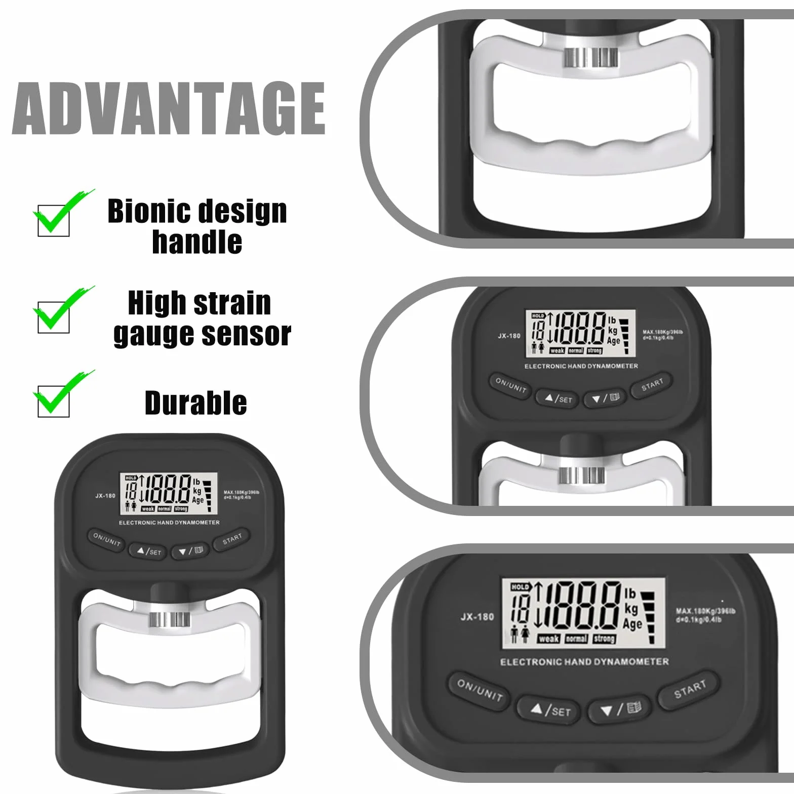 Digitaler Handkraftmessgerät: 396lb/180Kg Elektronische Griffkraft Messgerät, LED Display Grip Strength Trainer, Dynamometer mit USB-Ladekabel, Digitaler Griffstärke-Messung, Hand Dynamometer