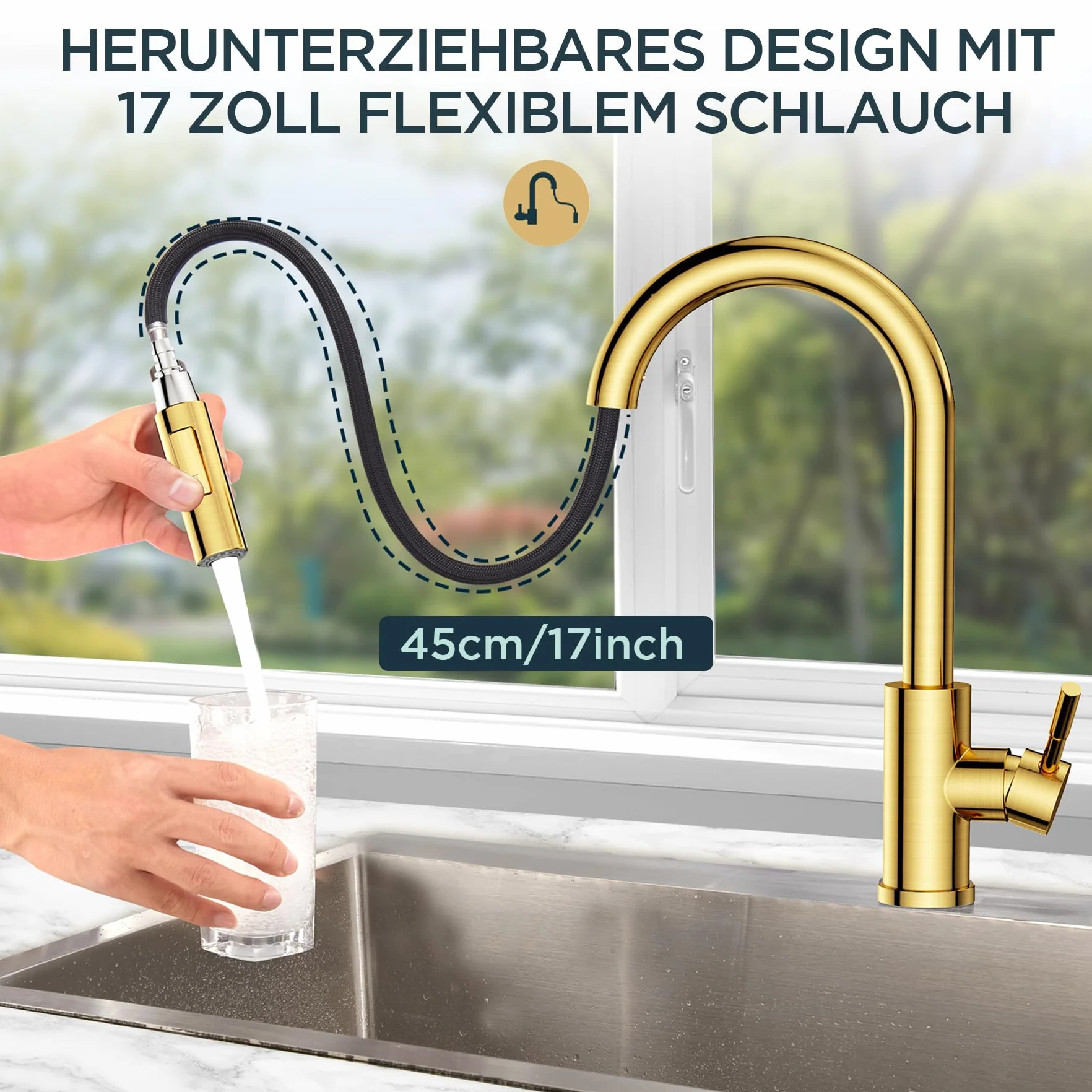 FORIOUS Wasserhahn Küche, Hoher Bogen Küchenarmatur mit Herausziehbarer Brause Ausziehbar Armatur, Mischbatterie Spültischarmatur Küche Küchenarmaturen, 360° Schwenkbar, Gebürstetes Gold