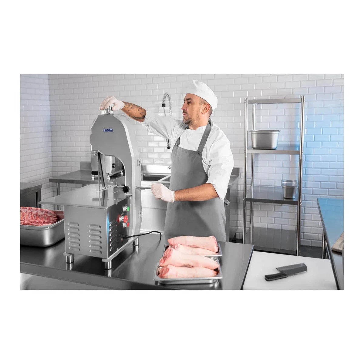 Royal Catering RCBS-1650.1ECO Knochensäge Elektrisch Knochenbandsäge Fleischsäge Edelstahl (880 W, Schnittstärke bis 180 mm, Arbeitsfläche 440 x 460 mm)