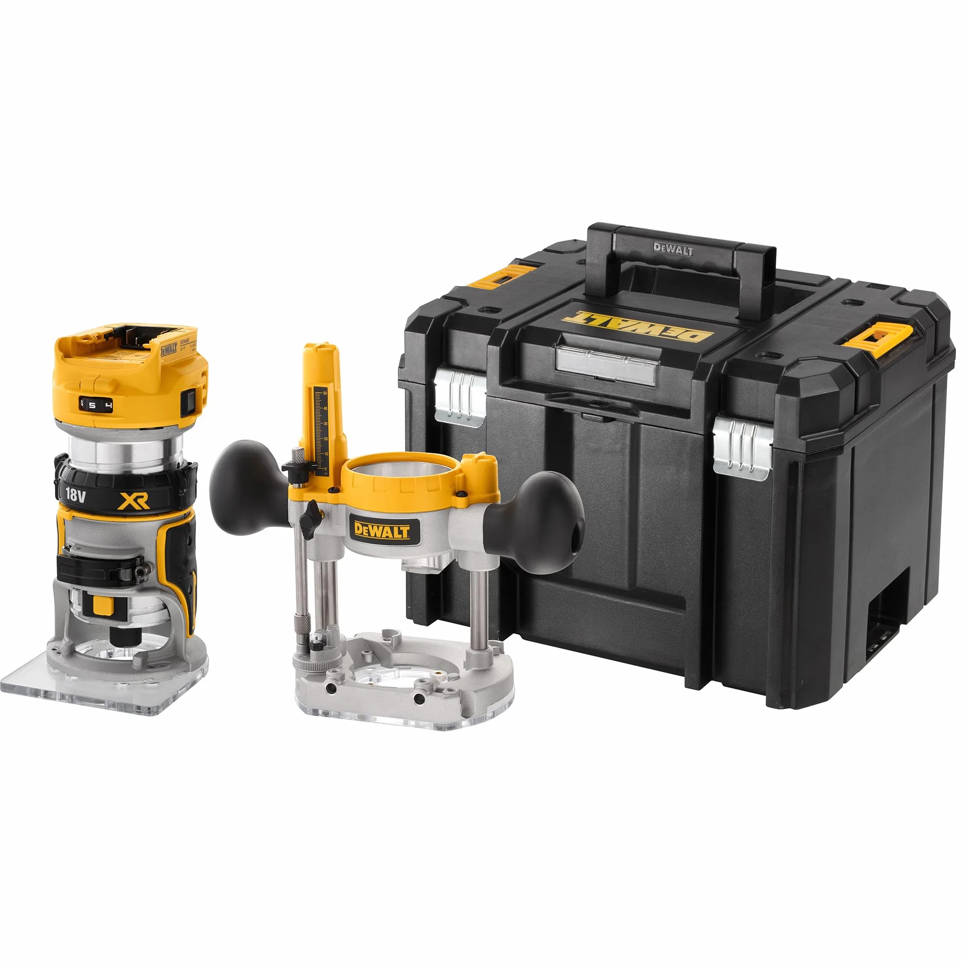 DEWALT 18V Akku-Kombifräse (einsetzbar als Ober- oder Kantenfräse, bürstenloser Motor, 6-8 mm Werkzeugaufnahme, max. Fräs-ø: 36 mm, Fräskorbhub: 55 mm, Lieferung ohne Akku & Ladegerät), DCW604NT-XJ