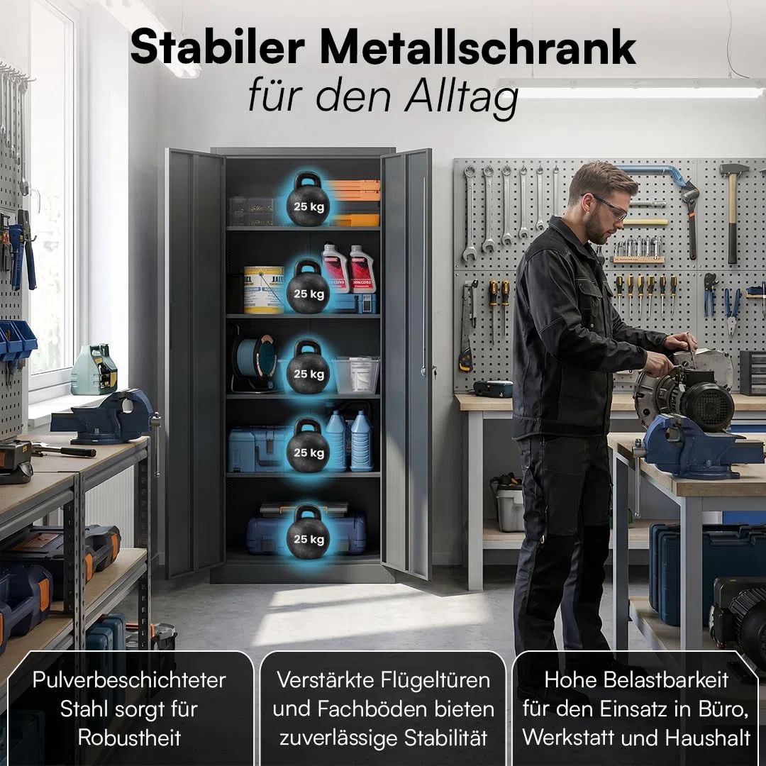 STEELSØN Regulus Metallschrank abschließbar – Stahlschrank mit 5 Ebenen – Werkzeugschrank mit Doppeltüren Anthrazit – Werkstattschrank mit verstellbaren Ablagen – Aktenschrank/Büroschrank Metall