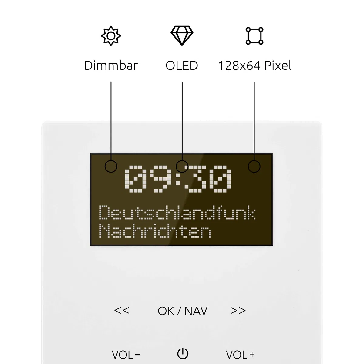 TechniSat DIGITRADIO UP 55 - DAB+ Unterputzradio für die Flexible Montage (DAB, UKW, Bluetooth-Empfang, dimmbares OLED-Display, Weck- und Sleeptimer, 2 Watt, Made in Germany) Frontcover RAL 9016, weiß