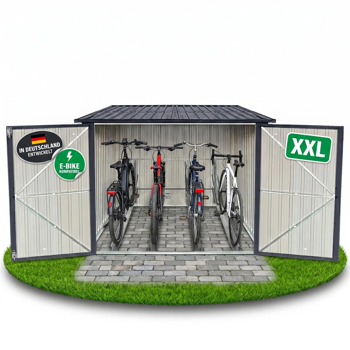 ALBATROS XXL Fahrradgarage Metall wetterfest & abschließbar, für 4 Fahrräder & E-Bikes, Fahrradbox 229x203x162 cm, Fahrradunterstand aus verzinktem Stahl RAL7016 anthrazit, Gartenbox mit Zubehör