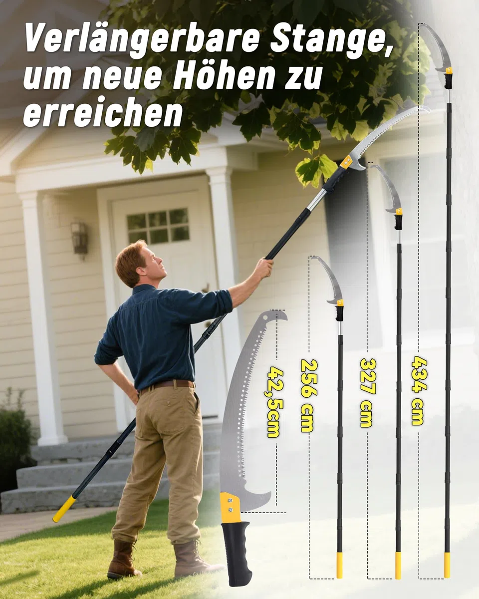 Astsägen mit Stiel zum Baumschnitt 4,3M Leichtgewichtige manuelle Edelstahlverlängerung, hohe Baumsäge mit Klinge für Trimmer, Äste, Baumschneider bei Forstwirtschaft, Hof, Garten und
