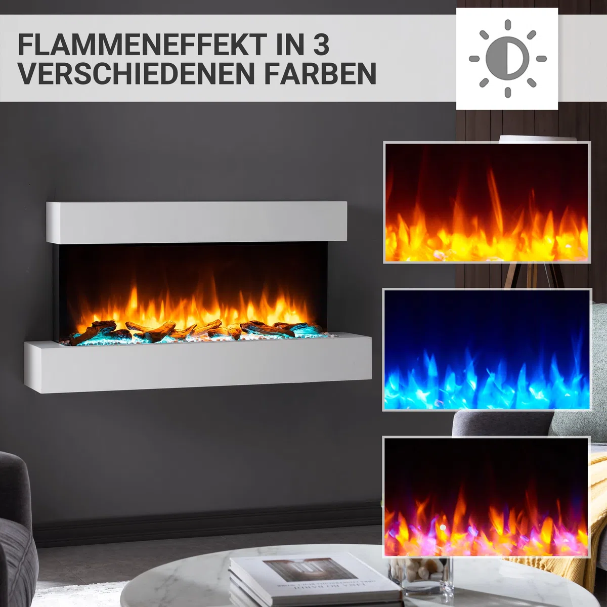 BALDERIA Ignis - Elektrischer Wandkamin mit Heizung und LED Flammeneffekt, Weiss