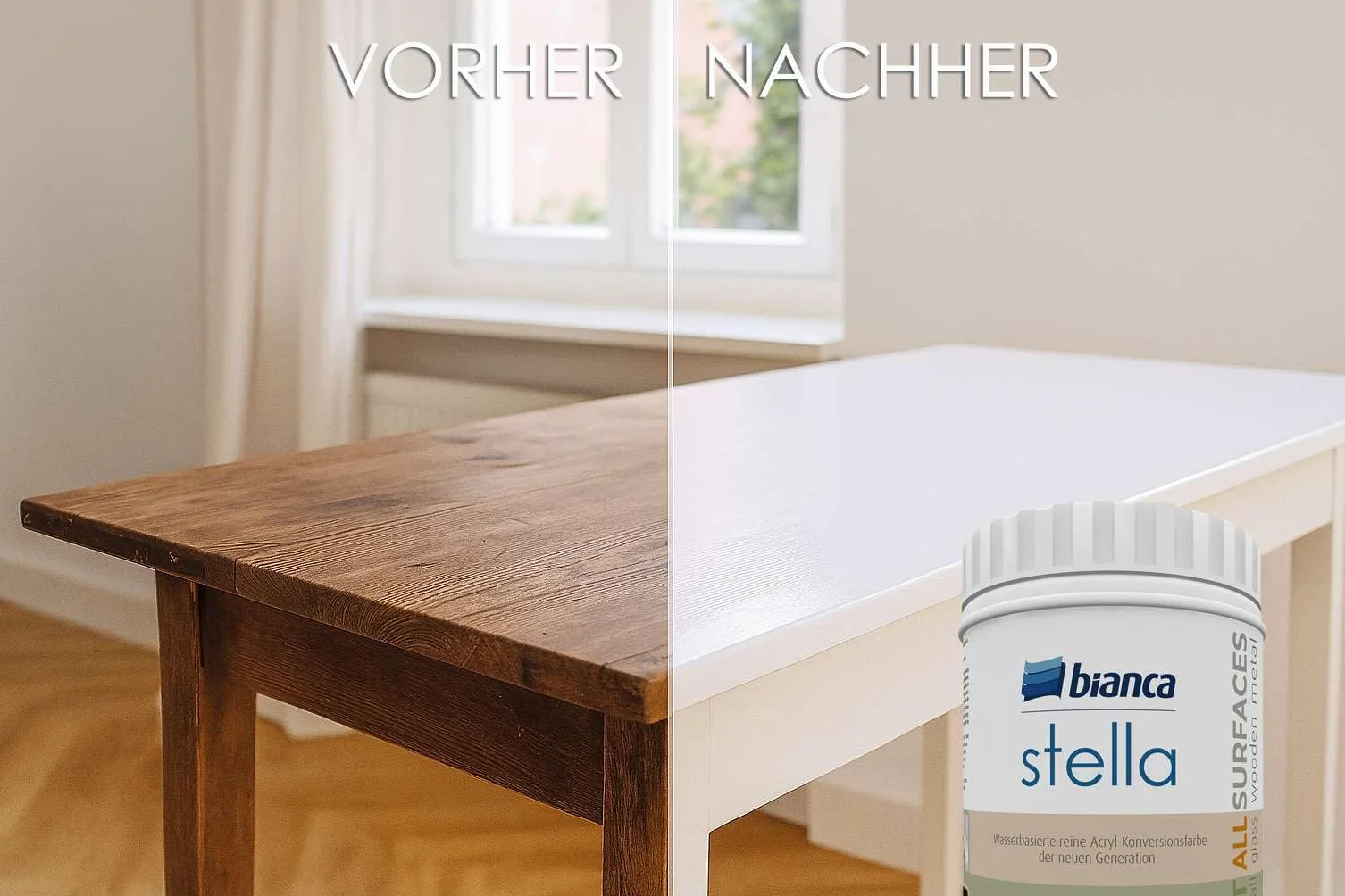 Bianca Stella Universalfarbe Ohne Schleifen - Wasserbasierte Parfümierte Renoiverfarbe für Möbel, Holz, Fliesen, Metall & Kunststoff - Weiß, Glänzend, Kratzfest, Hochdeckend, 500ml