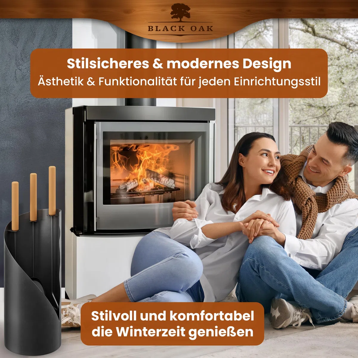 BLACK OAK Kaminbesteck VAIL 4-teilig - modernes Ofenbesteck Set schwarz mit Holzgriff 4 teilig mit Schürhaken Ascheschaufel Kaminbesen + Ständer modern Stahl - Kaminzubehör Kaminofen Besteck für Ofen