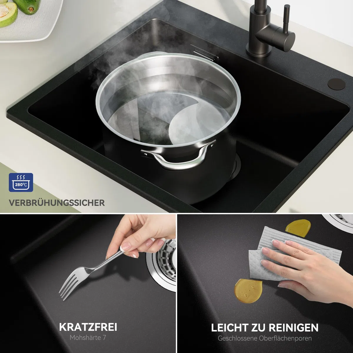 Küchenspüle Schwarz Granit 50x45cm, Spülbecken Küche Eckig, Moderne Einbauspüle Set mit 2 Hahnlöchern, Waschbecken Küche Schwarz, Spüle Küche, Granitspüle für Küchen, Hauswirtschaftsraum