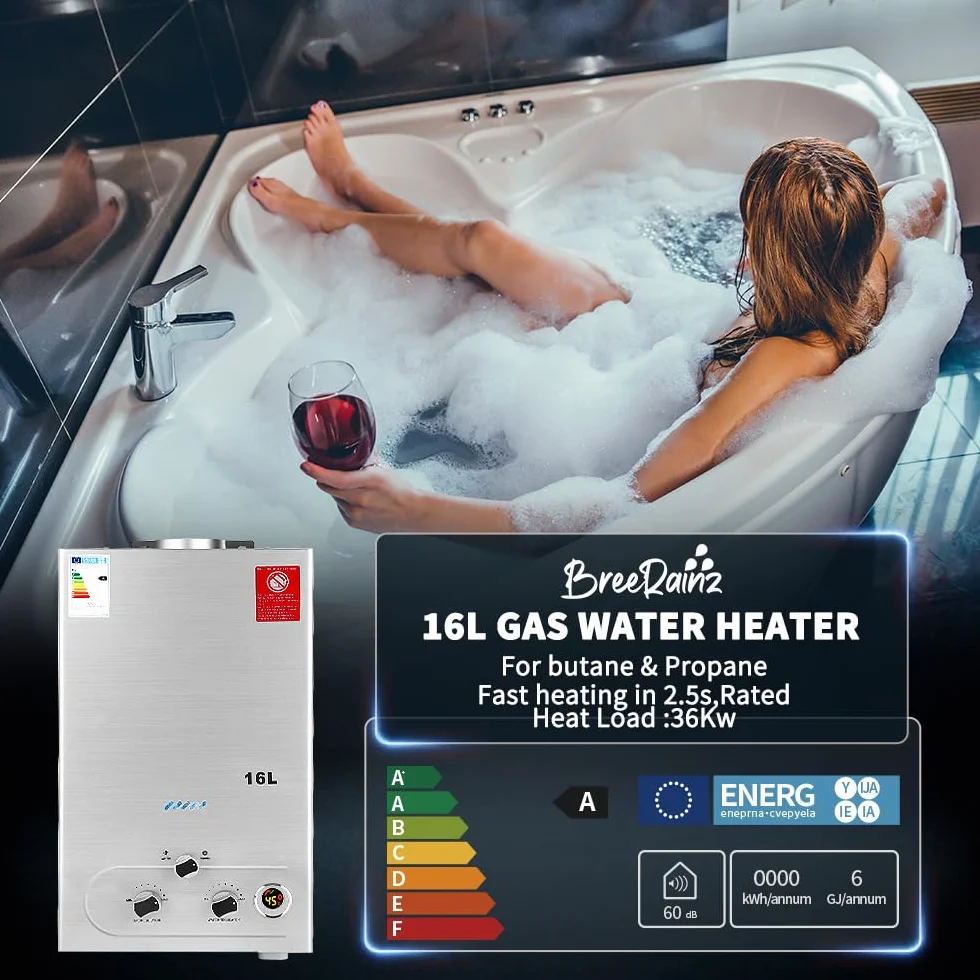 BreeRainz 16L Gas Durchlauferhitzer mit Duschkopf,32KW LPG Propan Butan Warmwasserbereiter, Super Niedrigem 0,2 bar Startwasserdruck für Zuhause Wohnmobile Kabinen