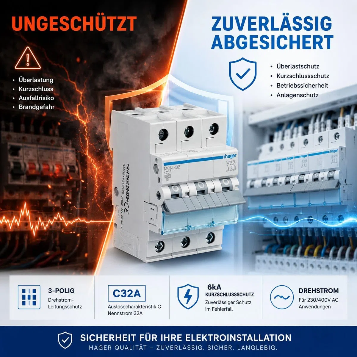 Hager MCN332 Leitungsschutzschalter 3-polig C32A, LS-Schalter 32A für Drehstrom & Hutschiene, 6kA Sicherungsautomat, biconnect Klemmsystem, DIN EN 60898-1, 230/400V AC