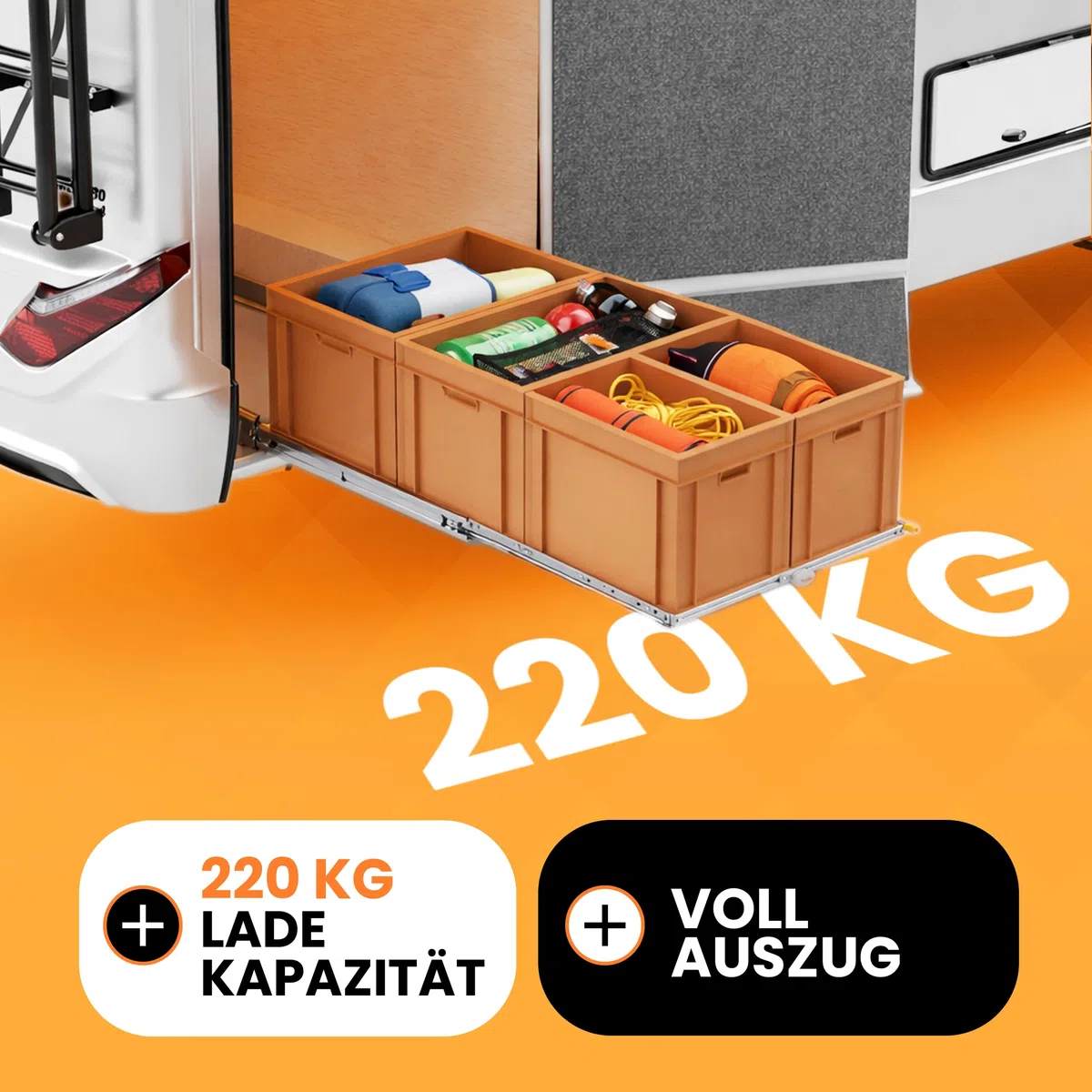 Heckauszug selber Bauen 120x40 cm - Basis-Auszug für Selbstausbau, Schwerlast-Schubladenschienen, Einhandbedienung, Montage in Nische