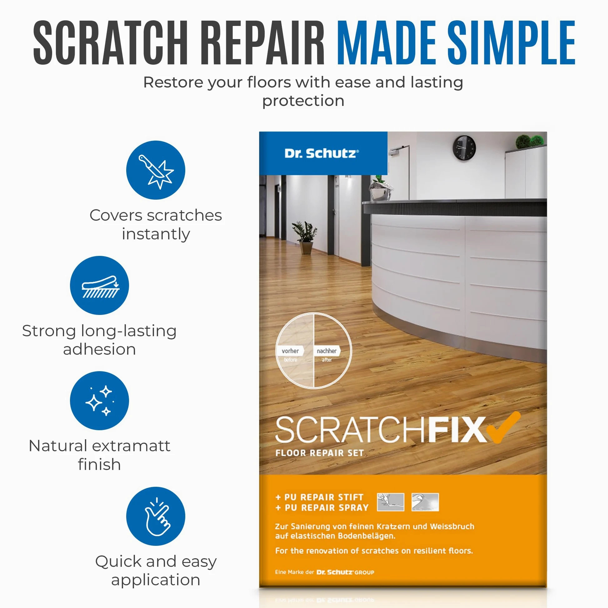 Dr. Schutz SCRATCHFIX Floor Repair Set | Reparatur Set für Hartböden, Designböden aus Vinyl, PVC, CV, Linoleum | entfernt Kratzer mit Repair Stift und Spray | PVC Reparaturset | Vinyl Reparaturset