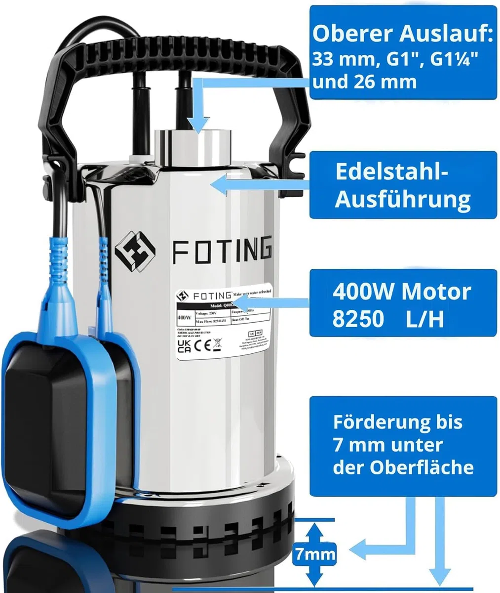 FOTING Edelstahl Tauchpumpe 400W 8250 l/h, Förderhöhe max 6.5m, Eintauchtiefe max 7m, Noryllaufrad, 10m Anschlusskabel, einstellbarer Schwimmerschalter, Portable Sump for Pool Draining
