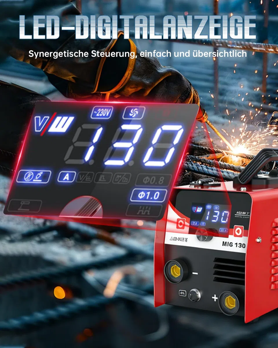VECTOR WELDING Fülldraht Schweißgerät Set 130A, Inverter Schweißmaschine | 3-in-1 IGBT Elektroden Schweißgerät Flux MIG/MMA/Lift WIG mit Digital Display, Anti-Stick, Leicht Tragbar für Autoreparatur
