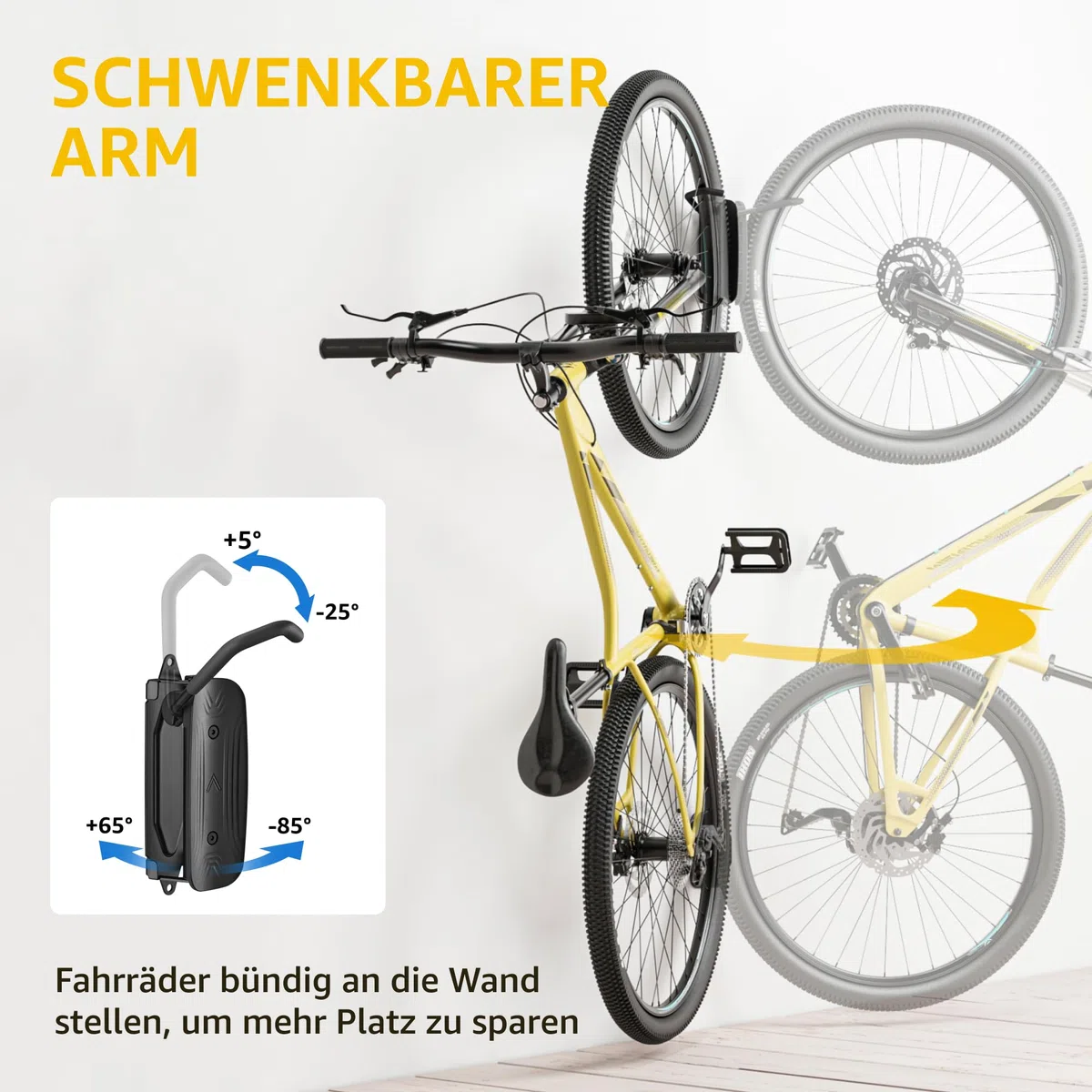 monTEK Schwenkbare Fahrrad-Wandhalterung, Fahrradaufhänger für die Garage, Wandhalterung für Fahrräder, Platzsparender Stabiler Wandfahrradstände