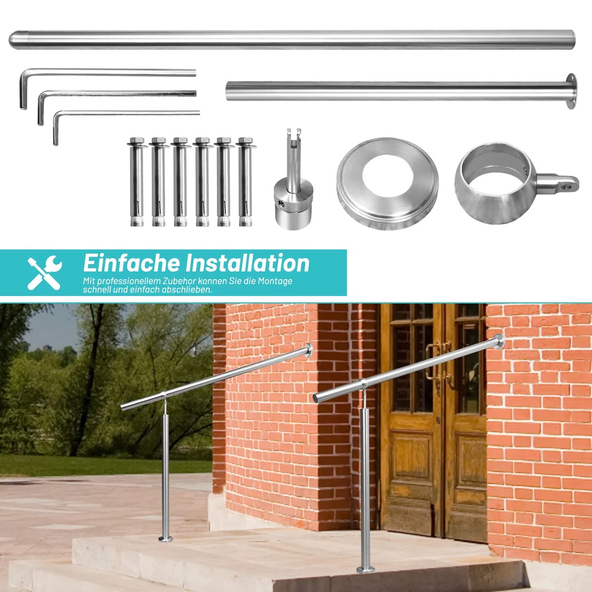 Randaco Eingangsgeländer Edelstahl Handlauf Treppengeländer Geländer Seitliche Montage Winkel Einstellbar Wandhandlauf, inkl.Montagematerial, Pflegeleicht Innen Außen Handlauf, 120cm