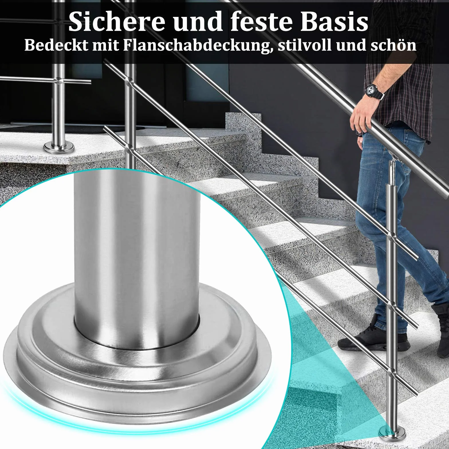 Aufun Edelstahl Handlauf 100cm Treppengeländer Innen und Außen mit 2 Pfosten für Treppen, Brüstung, Balkon (100cm, 0 Querstreben)