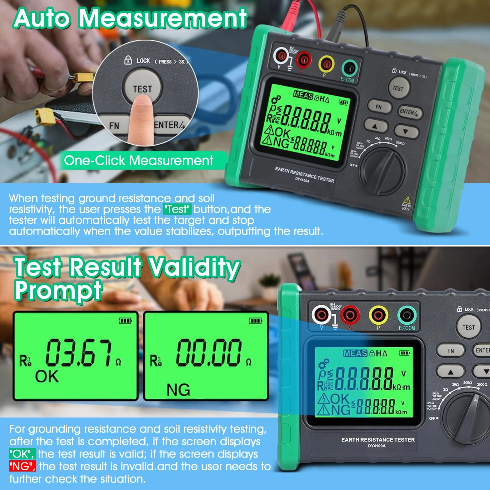 Erdungswiderstandsmessgerät, 0,03–2000Ω Erdungswiderstand Bodenwiderstandsmessgerät 2/3-Draht-Messung AC/DC Spannungsmessgerät Erdungswiderstandsprüfer Earth Ground Resistance Tester