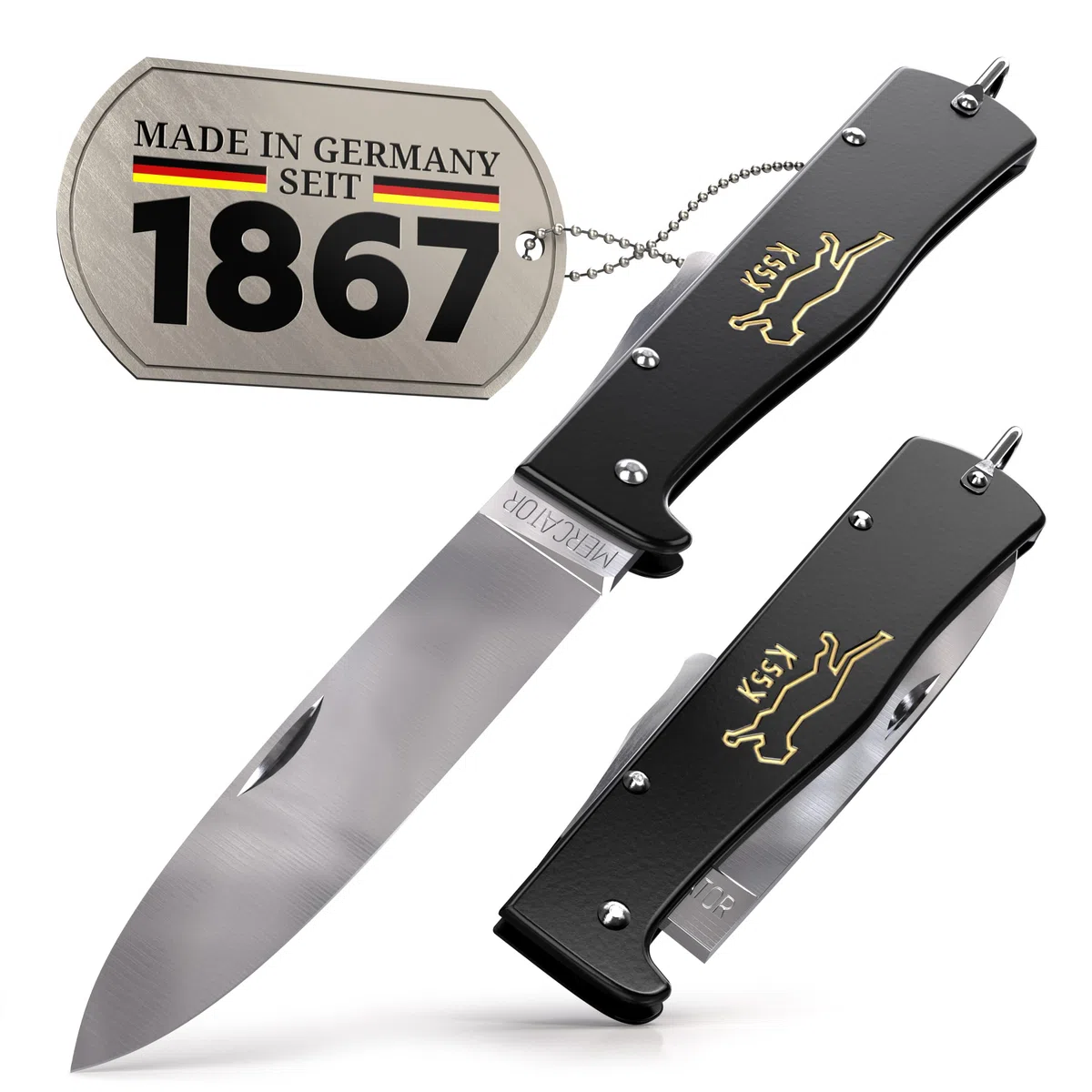 DIYexpert Outdoor-Messer MERCATOR K55K Katze | [Klinge Carbon] | Klappmesser Made in Germany | Ideal als Taschenmesser oder Jagdmesser