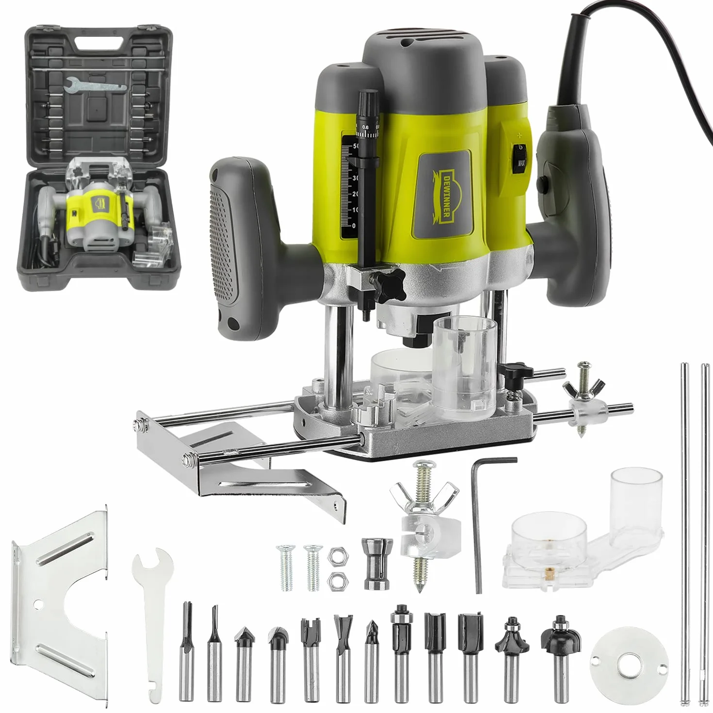 DEWINNER Elektronik Oberfräse Fräser 1200W,Ø 6 und 8 mm,Drehzahlregelung, Parallelanschlag, Absaugadapter, Set 12-teilig