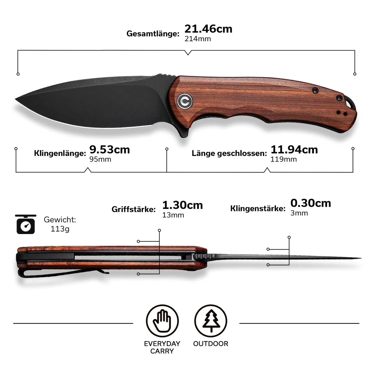 CIVIVI Praxis Klappmesser mit Cuibourtia-Holzgriff und 9,52 cm langer Damastklinge, EDC Taschenmesser (C803H)