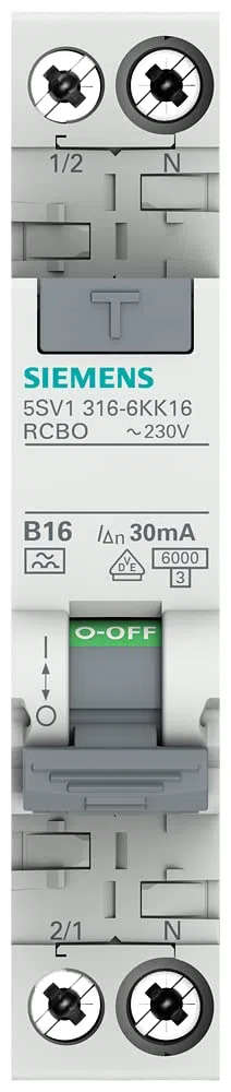 Siemens 5SV13166KK16 FI/LS kompakt RCBO 1P+N 6kA TypA 30mA B16 230V, Fehlerstrom- und Überlastschutz in 1TE (50% Platzersparnis)